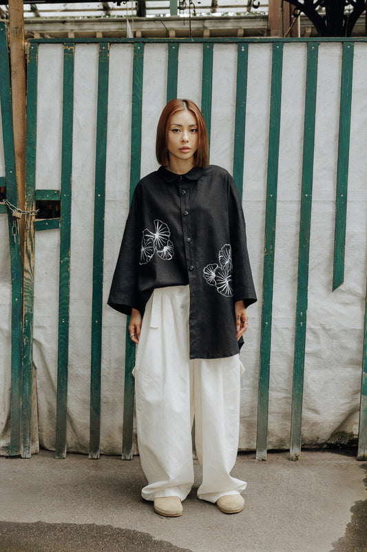 Double embroidery shirt with white silk thread