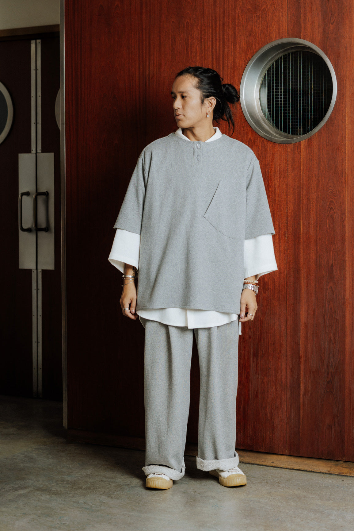 Chemise Popover grise en molleton cotelé