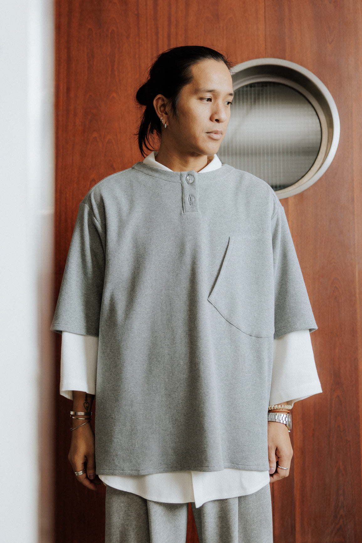 Chemise Popover grise en molleton cotelé