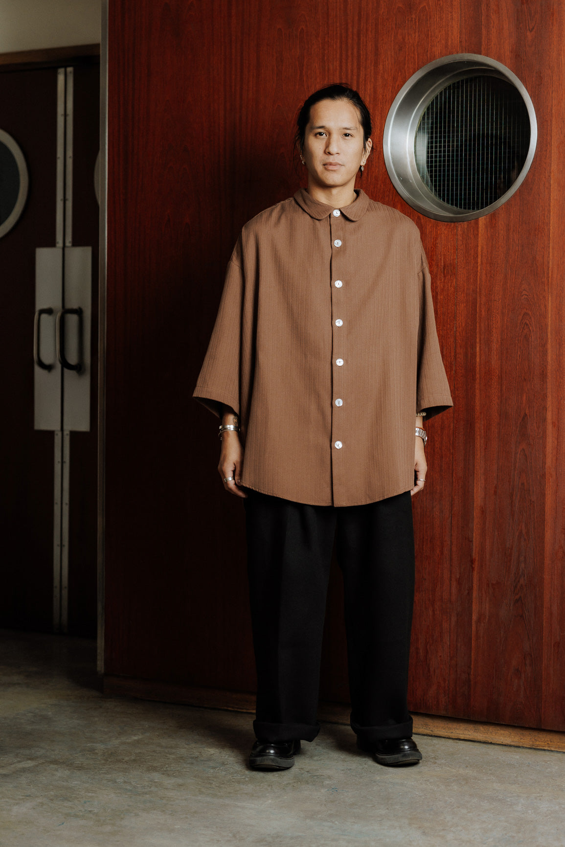 Brown rounded herringbone shirt