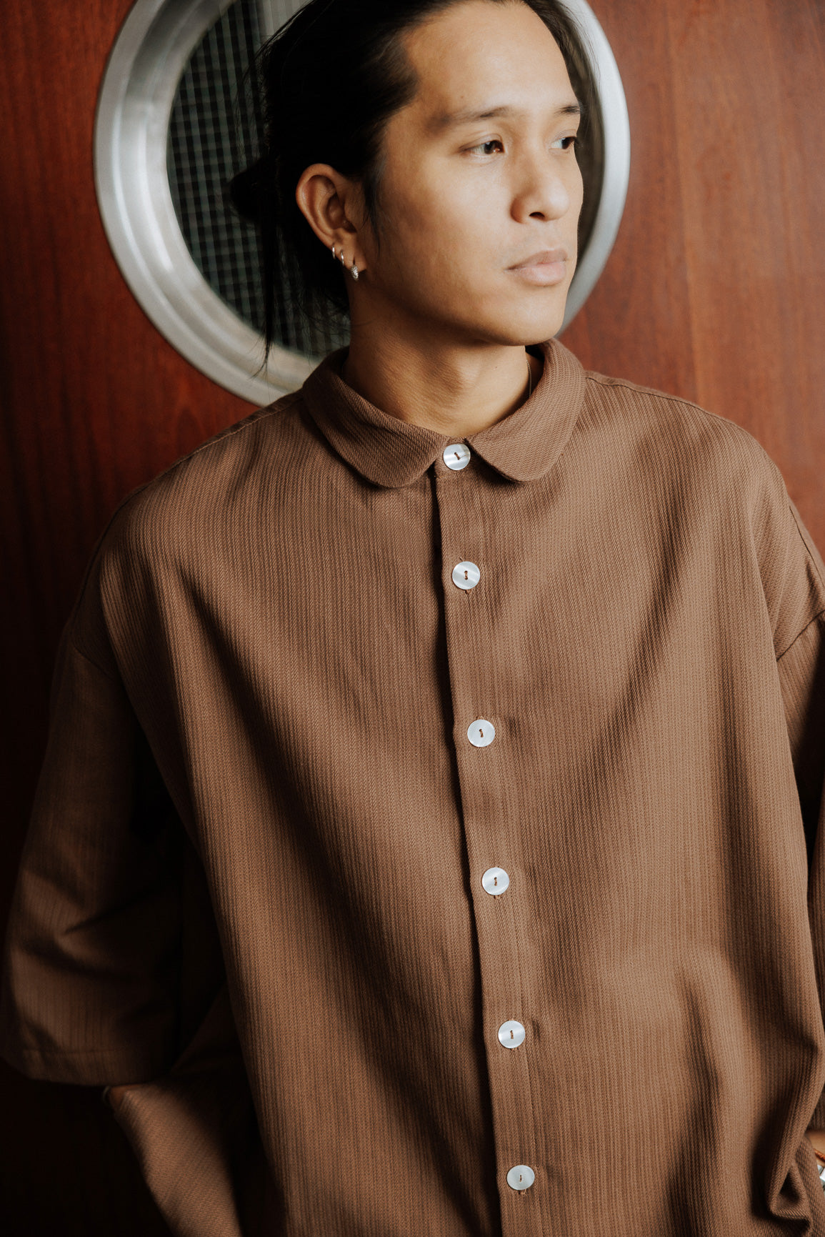 Brown rounded herringbone shirt