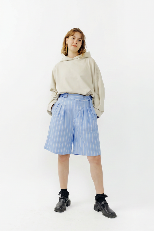 Blue striped cotton balloon shorts