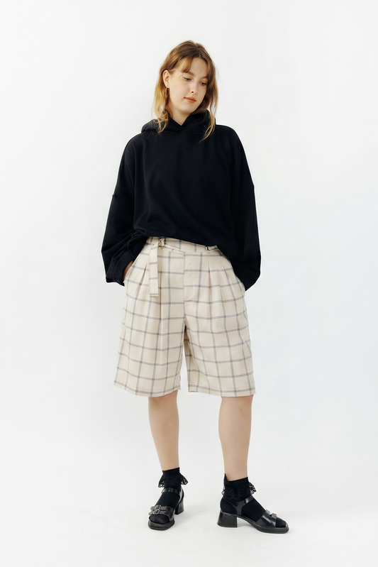 Cream checked cotton balloon shorts