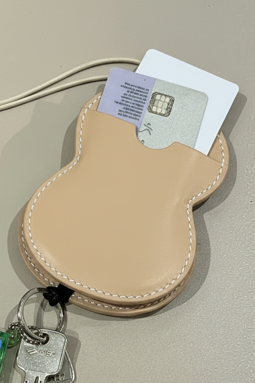 Tour de cou porte-cartes et porte-clés Hyotan de la marque Aïdama en cuir de vachette beige. Vue zoomée du verso avec des cartes rangées et des clés accrochées.